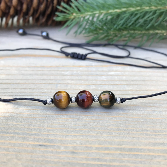 Unisex 8mm Multi-Color Tigers Eye Adjustable Necklace, Protection Against Negativity, Grounding