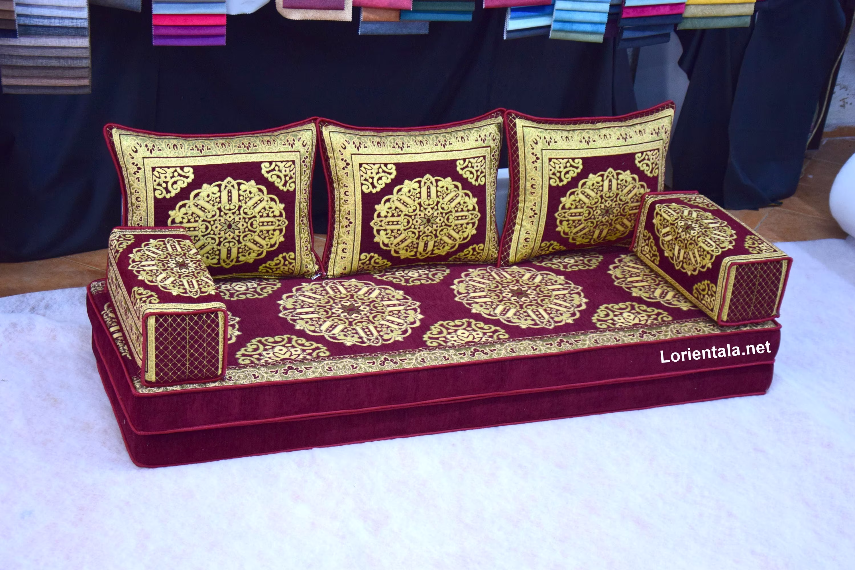 8'' Thickness Red Gold Floor Sofa, Moroccan Home Decor, Oriental Sofa, Floor Couch, Corner Cushions, Arabic, Living Room Furnitures Set