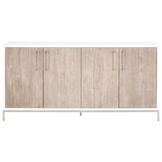 Grained Wooden Sideboard with 4 Doors and Metal Base, Brown and White