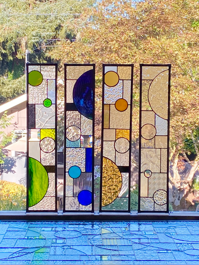 Abstract Color Block Side Light Stained Glass Suncatcher Window Display 5" X 24" - Blue, Green, Clear, Amber, Brown