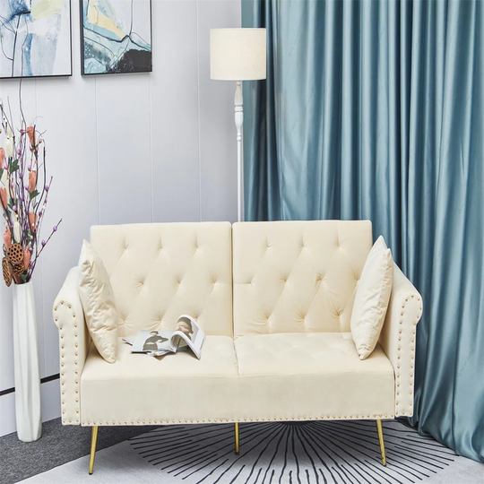 Beige velvet nail head sofa bed Loveseat Sofa with throw pillow and midfoot for Living Room, Bedroom