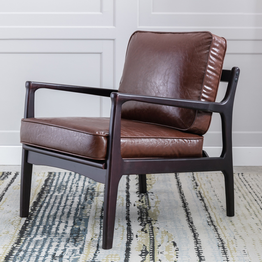 Wood Frame Armchair Mid Century Modern Accent Chair Lounge Chair for Living Room,Brown PU