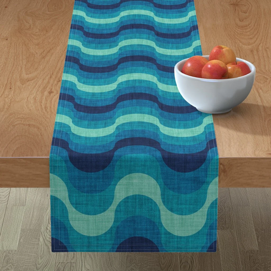 Wavy Retro Stripes Table Runner - Groovy Ocean Waves By Selmacardoso Teal Aqua 1960S Stripe Cotton Sateen Spoonflower