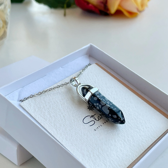 Snowflake Obsidian Prism Pendant, Black Pencil Pendant With Spots, Natural Stone Jewelry, Healing Stone Necklace, Chrismas Gift For Her
