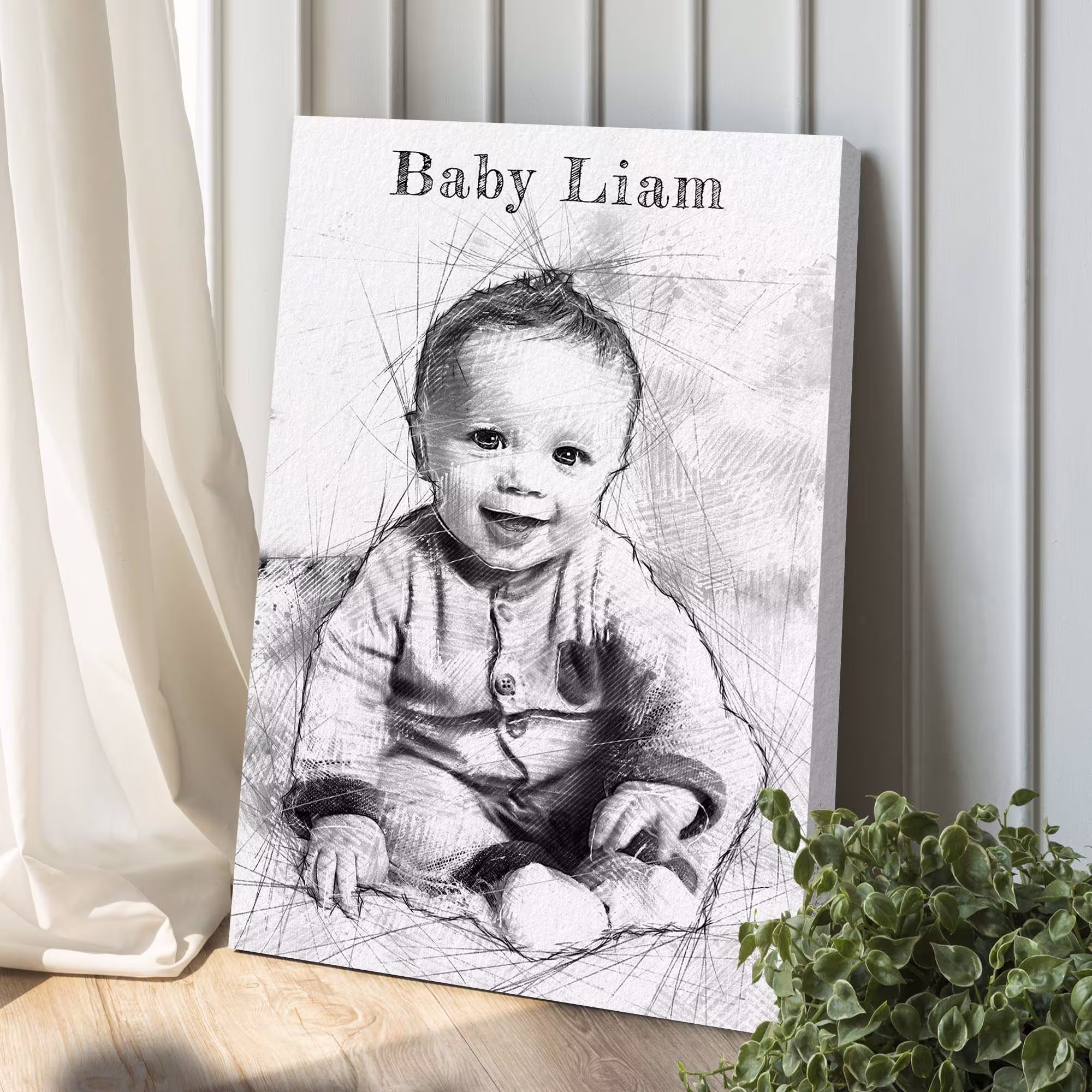 Personalized Pencil Sketch Baby Portrait, Christening Gift Picture, Custom Drawing Of Kid From Photo