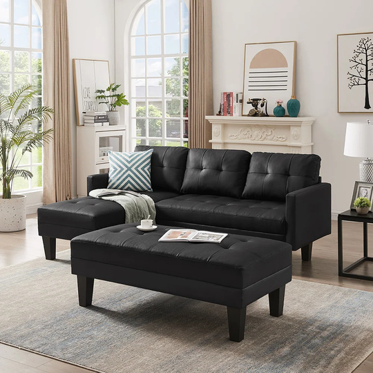 Modern Black PU L Shape Multiple Cushions Upholstered Sectional Sofa wth Reversible Chaise and Ottoman
