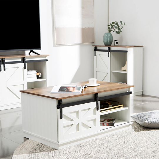 Furmax Coffee Table Sliding Barn Door Farmhouse, Storage Cabinet Table Living Room with Adjustable Shelves