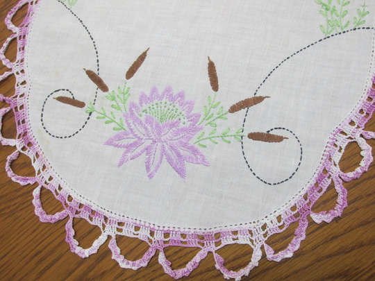 Table Runner Vintage Embroidery Linen Cattails & Waterlily in Lavender With Variegated Crocheted Edges