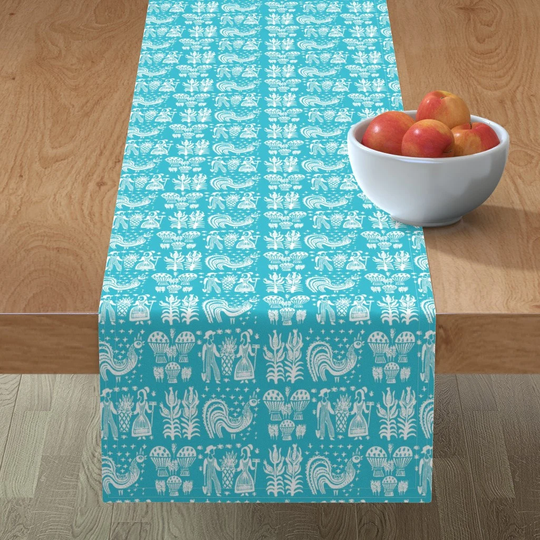 Vintage Kitchen Table Runner - Folk White On Turquoise By Buzzinbumble Retro Art Cotton Sateen Spoonflower