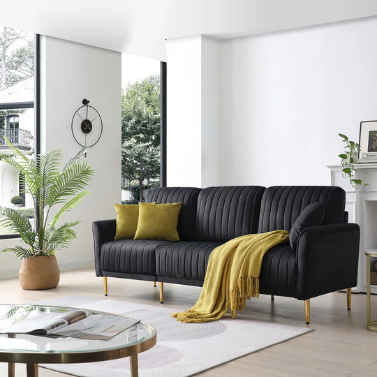 Mid Century Tufted 3-seat Sofa Couch with Stable Metal Sofa Legs and Wood Structure for Home Living Room 3 Pillows Included