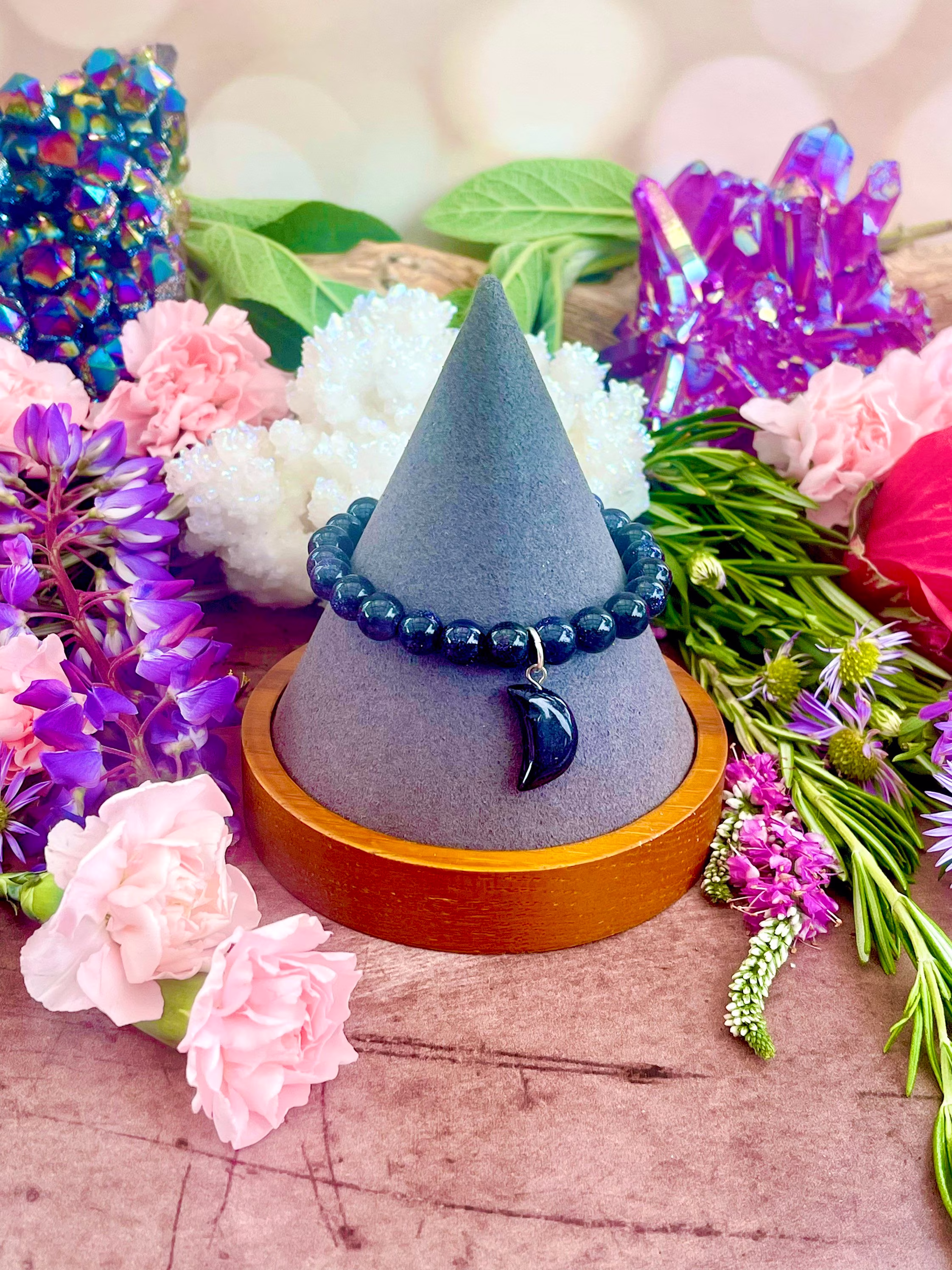 Blue Goldstone Moon Bracelet ~ Anita Apothecary, Witch Jewelry, Moon Phase Bracelet, Celestial Goldstone, Jewelry