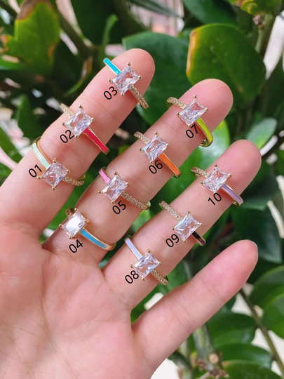 5-10Pcs, Fashion Colorful New Finger Jewelry Gold Color Neon Enamel Bling White Cz Band Ring For Women