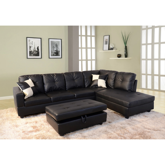 3-Pieces Sectional Sofa Set,Right Facing Black(091B)