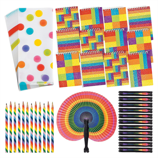 Rainbow Party Favors - Dot Goody Bags, Glitter Notepads, Paper Fans, & Striped Pencils For 12 Guests