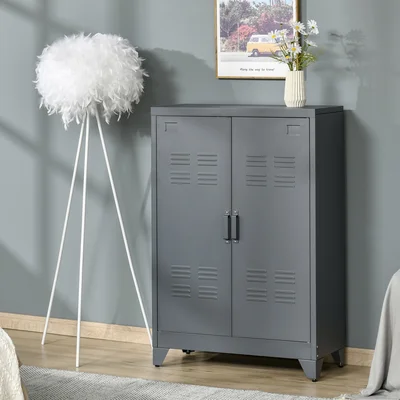 Heslin Industrial Style Steel Storage Cabinet, Metal Storage Organizer With 2-Tier Adjustable Shelves For Living Room Or Home Office, White