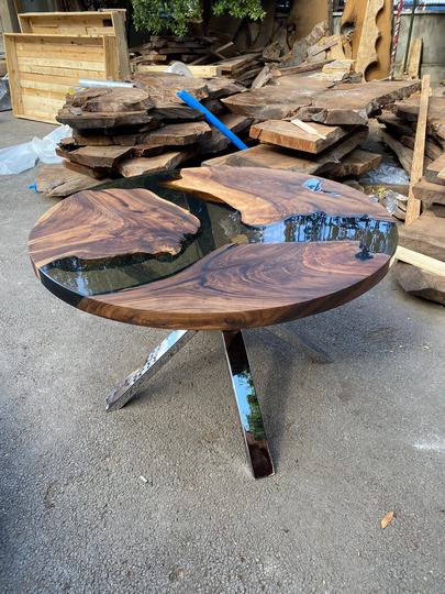 Epoxy Dining Table, Resin Custom 48" Diameter Round Walnut Wood Smokey Gray Table Order For Sonia