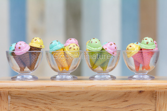 Dollhouse Miniatures Colorful Soft Serve Chocolate Chip Sorbet Cone Ice Cream & Plastic Bowl Sweets Dessert Decorating [Color Optional]