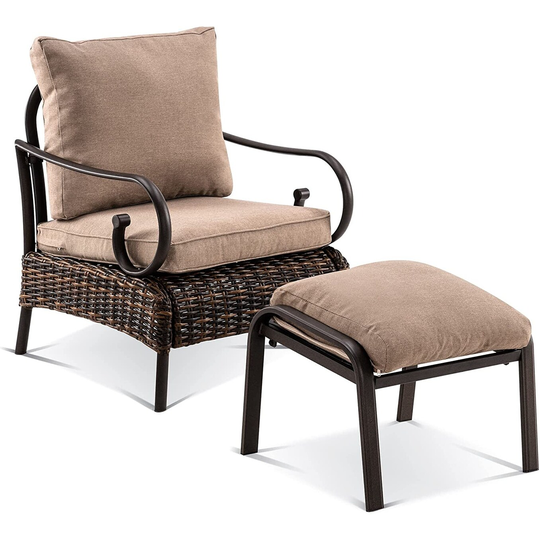 ivinta Outdoor Chair with Ottoman, Patio Wicker Chair with Cushions - 26.7"W x 29.9"D x 28.4"H