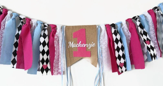 Alice in Onederland High Chair Banner, Scrappy Wonderland Fabric Garland, Highchair Photo Prop, Birthday Decor