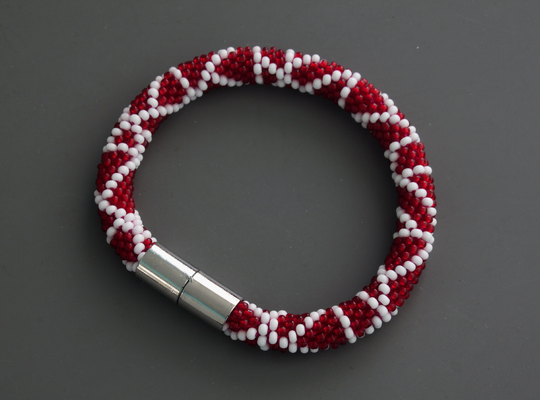 Bead Crochet Bracelet - Red & White Bangle Tubular Crocheted Jewelry