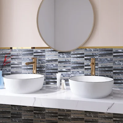 Ruzzle 1.5" x 6" Natural Stone/Glass Herringbone Mosaic Wall Tile