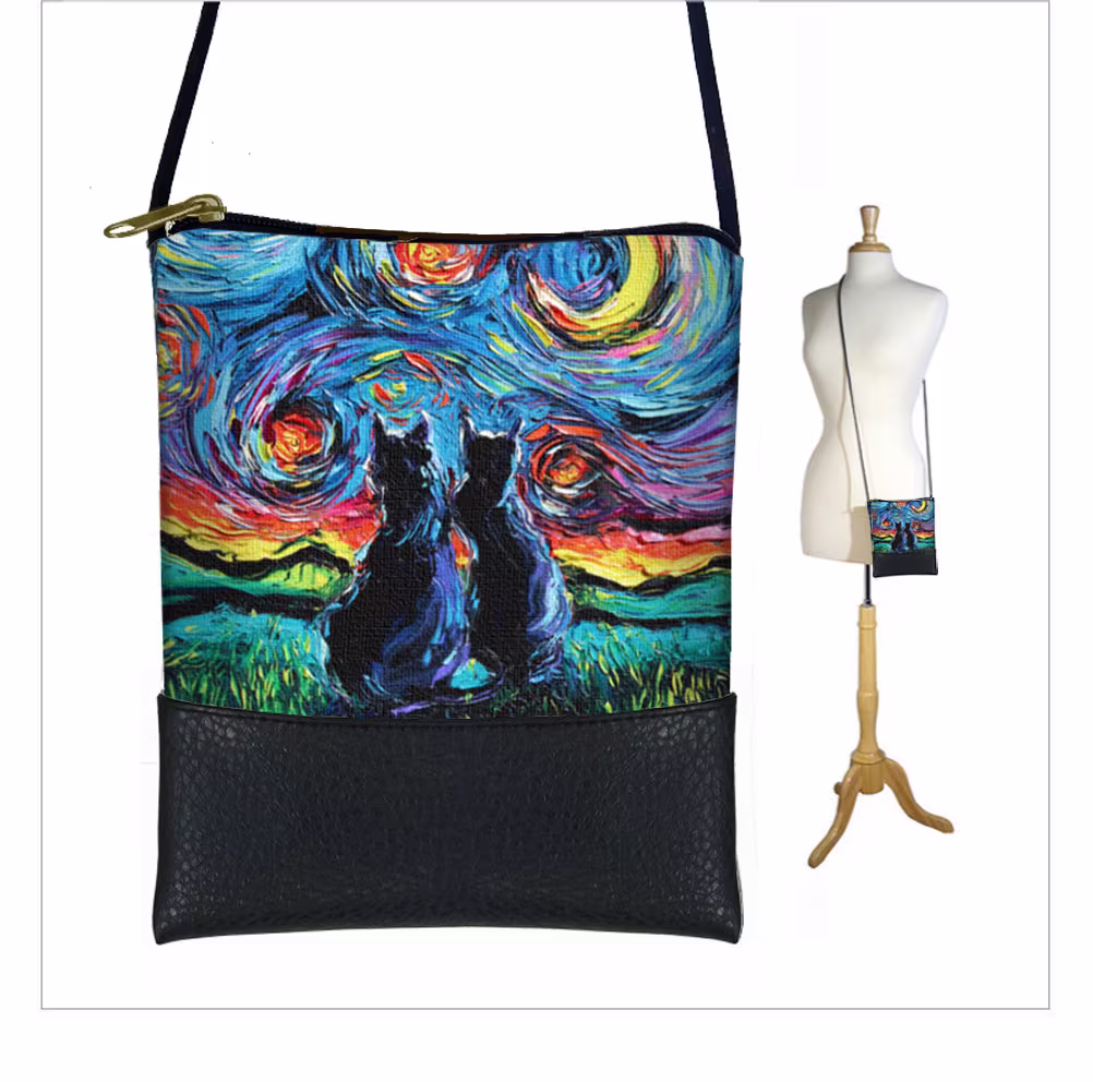 Sg Van Gogh Cats Small Crossbody Bag, Starry Night Cell Phone Purse, Mini Shoulder Bag, Black Cat Lover Gift, Crescent Moon Art Bag Mto