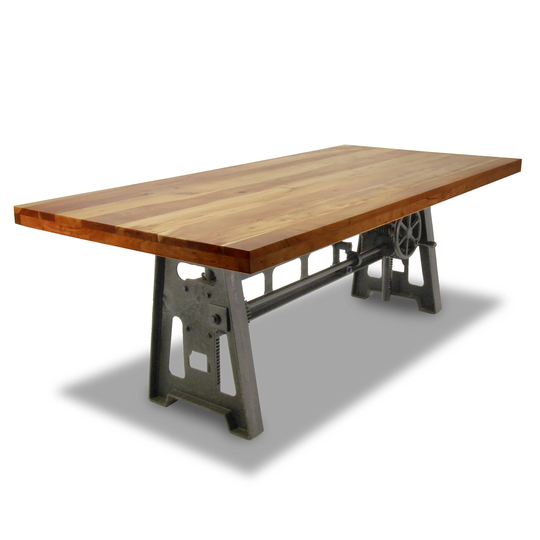 Industrial Dining Table - Cast Iron Base Adjustable Height Crank Natural Top