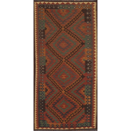 Multi-Color Geometric Kilim Oriental Area Rug Hand-woven Wool Carpet - 3'10" x 6'8"
