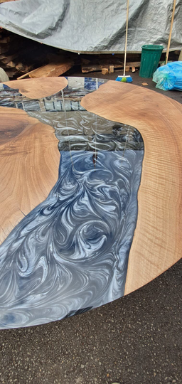 Walnut Dining Table, Epoxy Resin Custom 45" Diameter Round Wood Metallic Gray Order For David H