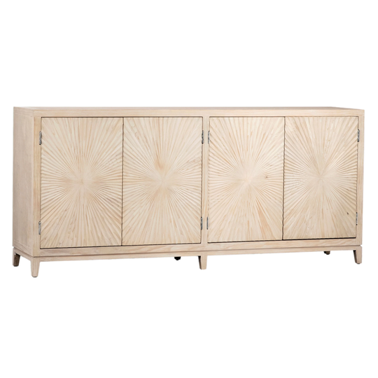 Isabelle 79-inch Pine Light Wash 4-Door Sideboard with Hand Carved Burst Pattern Door Fronts