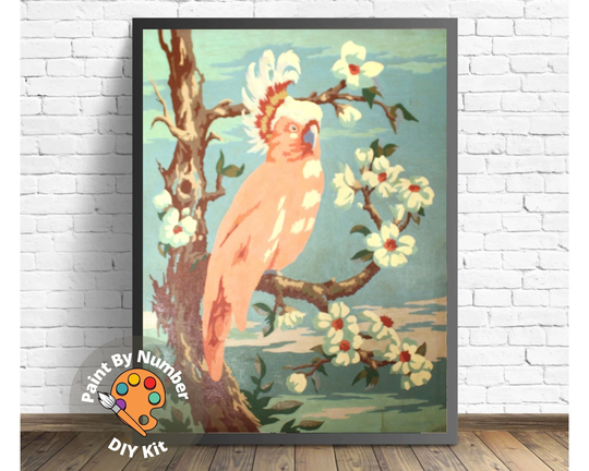 Pink Cockatoo Bird Vintage Paint By Number Kit | Adult Diy Painting, Bird On Tree, Easy Beginner Oil Painting, Vintage Home Decor Gift