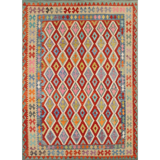 Colorful Geometric Kilim Reversible Area Rug Hand-woven Wool Carpet - 8'7"x 10'0"
