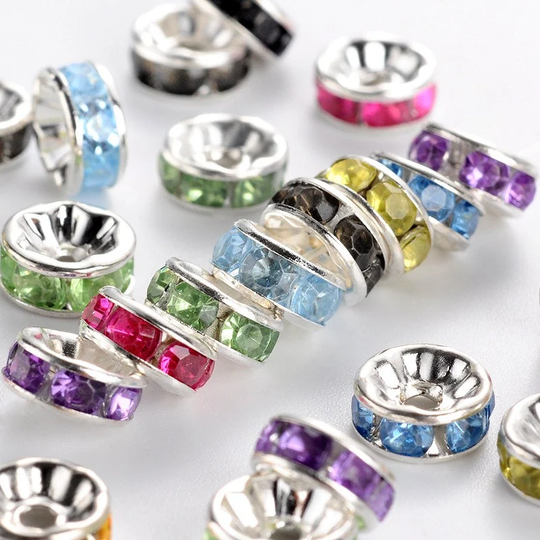 New 50/Pc Glass Crystal 8x3mm Solid Color Mixed Bags Spacers Beads Lot Mixed Multi-Colored Bright Silver Plated 2.0mm Hole(P1