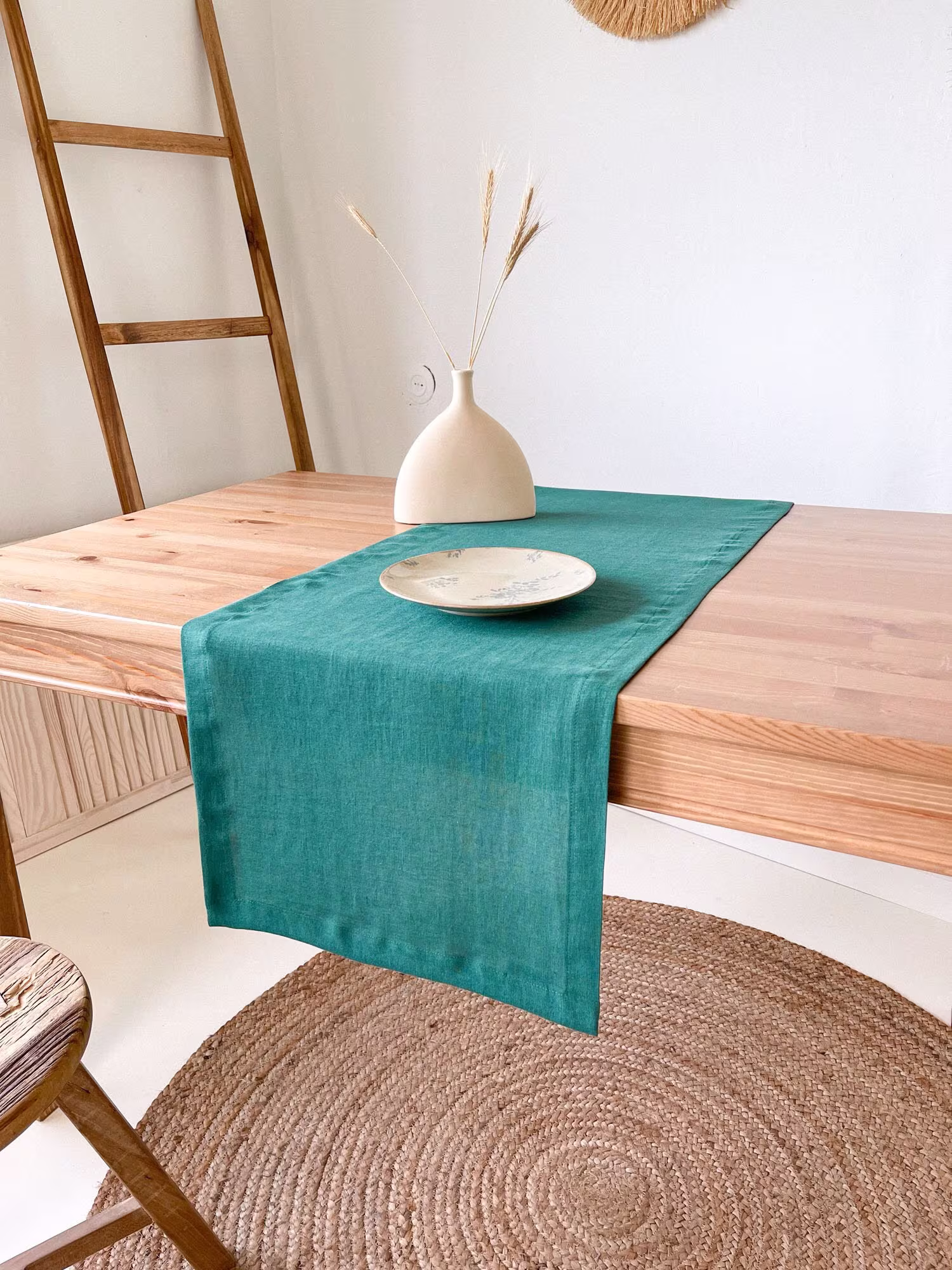 Dark Green Linen Table Runner, Forest Vintage Brunch Runner
