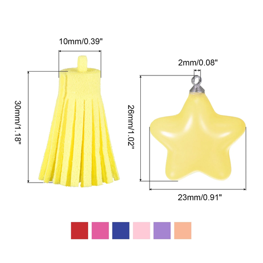 Pendant Charm Acrylic Star Bead Leather Tassel with Key Ring Clip, 3Set 7 Colors - Multi Color - 26mm