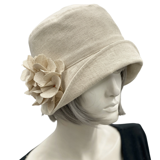 1920S Cloche Hat, Linen With Hydrangea Brooch, Women Summer Hats, Tea Party Unique Quality Hats Handmade in The Usa