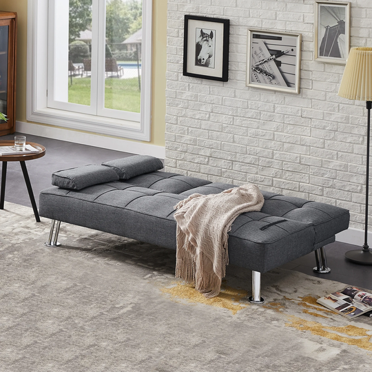 Modern Convertible Folding Futon Sofa Bed with 2 Cup Holders, Fabric Loveseat Sofa Bed with Removable Armrests and Metal Legs