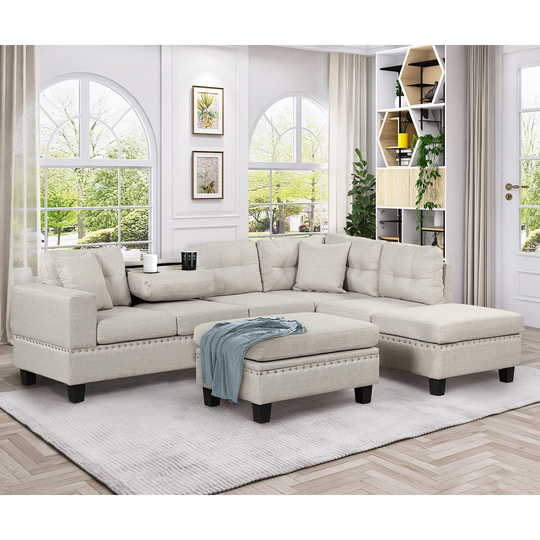 Modern Sectional Sofa with Storage Ottoman, 2 Pillows and Cup Holder