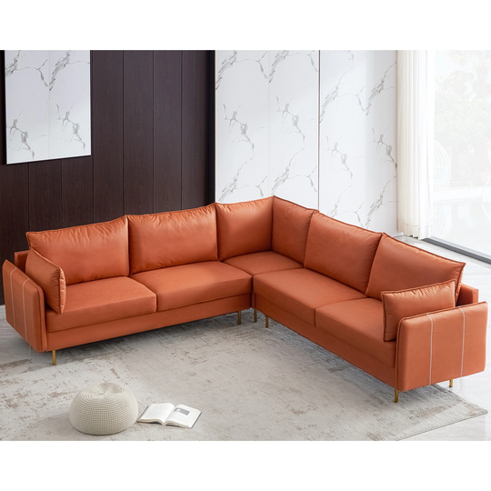 L shaped Sectional Sofa Corner Couch, Tech Leather Sofa, Orange