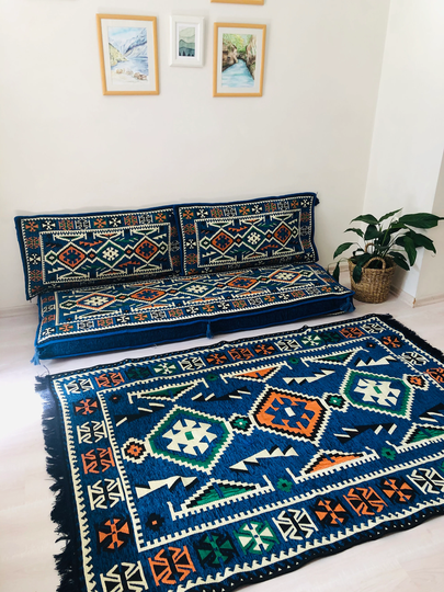 Floor Seating Sofa Cover, 3 Piece Set 1x Bed + 2x Cushion Cover, Vellet Padded Mat, Arabic Majlis Removable Zippered Cover, Red, Rug
