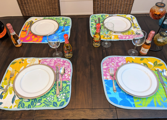 Set Of 6-Pieces Quilted Dining Table Placemats Colorful Tropical Vibes Floral Garden, Hand-Made Cotton Bohemian Patchwork Linen Kitchen Mats