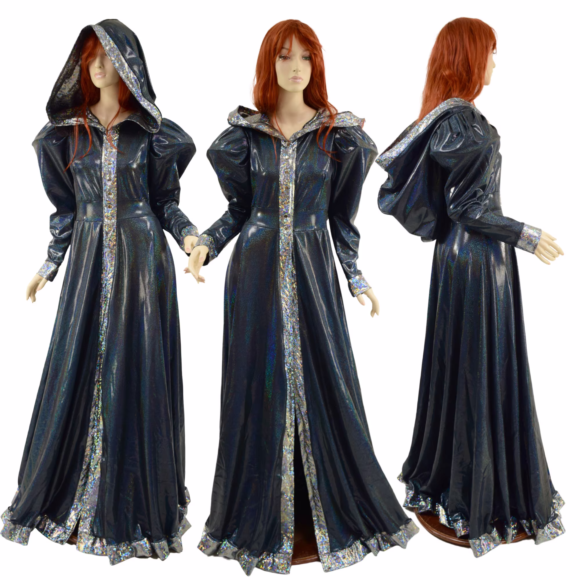 Black Holographic Open Front Breakaway Gown With Victoria Sleeves, Reaper Hood, Snaps, & Silver Kaleidoscope Trim 157890