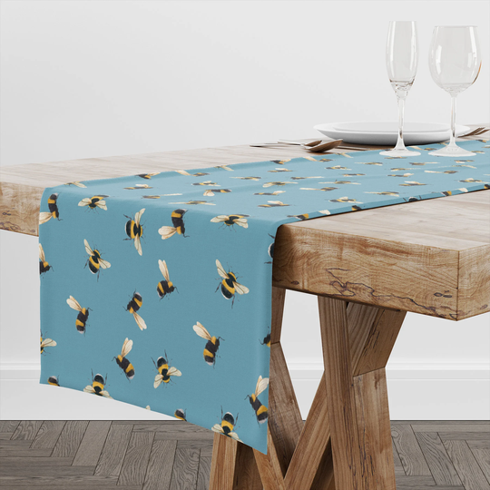 Bumblebees Table Runner, Meadow Floral Linen Cotton Dinning Room Home Decorative