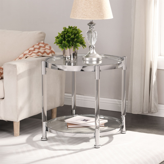 Modern Round End Table 2-Tier Storage Shelf Side Table with Tempered Glass Tabletop Sofa Table with Chrome Frame