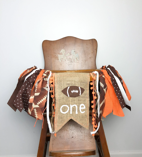 Football High Chair Banner/Orange & Brown/Cake Smash Photo Shoot Prop/First Birthday Banner/Fall Sports Tailgate Party/Handpainted