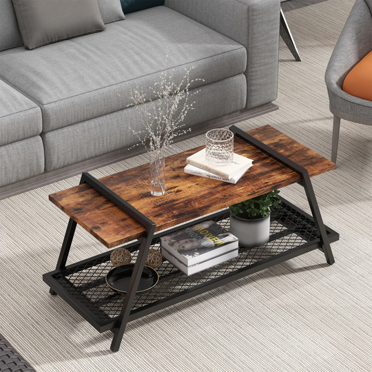 Coffee Table Snack Table with Storage Shelf, Wood Sofa Table, Brown