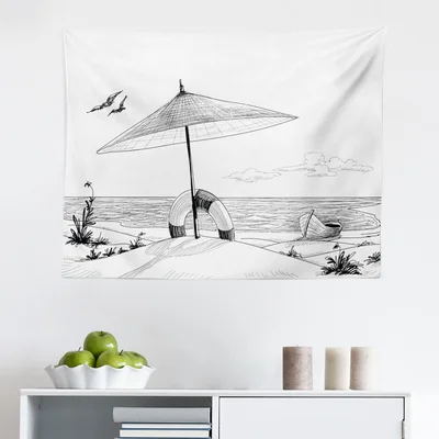 Beach Tapestry, Doodle Style Sketch Pattern Monochrome Illustration Ocean And Boat Pencil Drawing, Fabric Wall Hanging Decor For Bedroom Living Room D