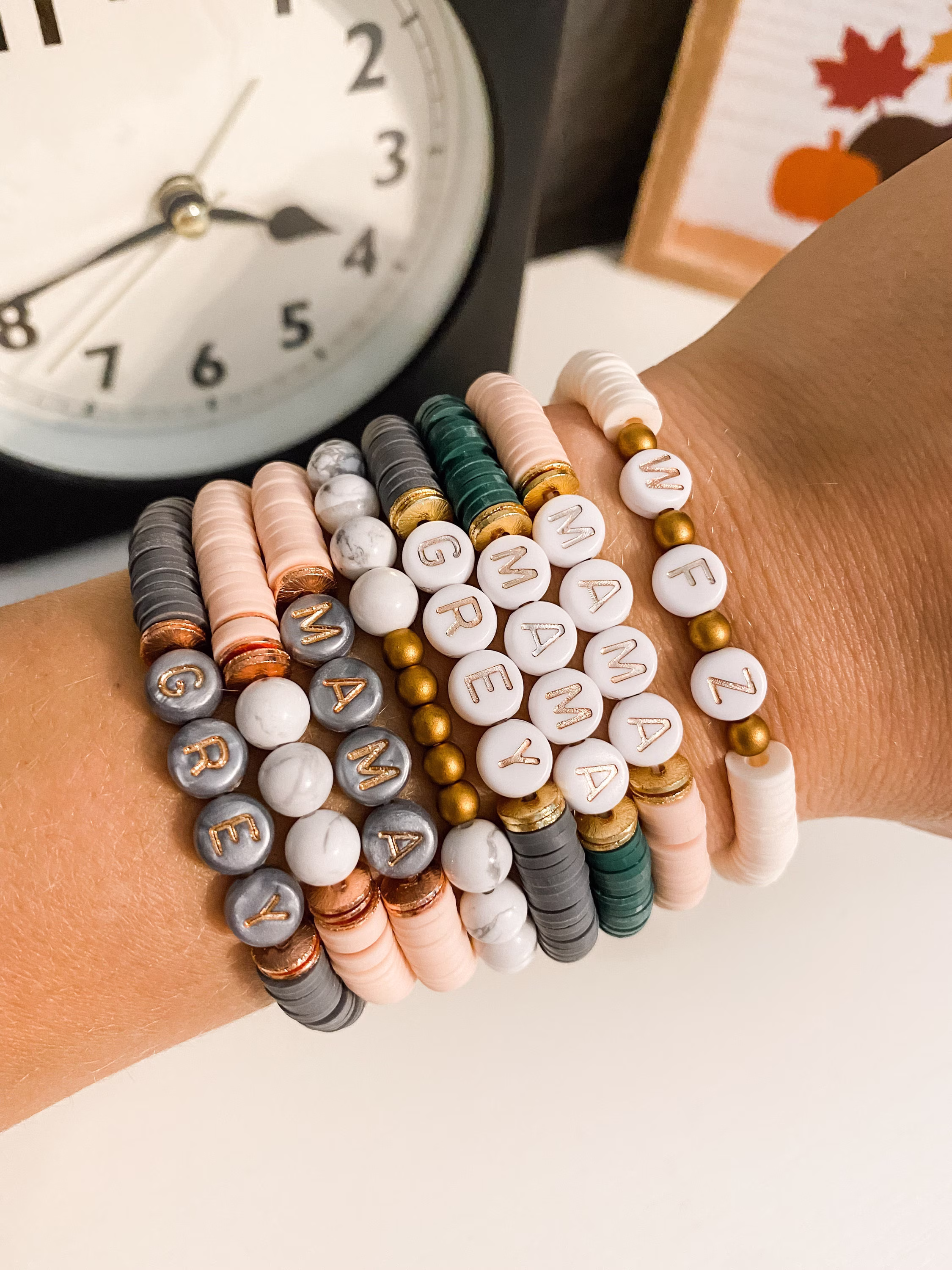 Rose Gold Personalized Heishi Name Bracelet, Gray Beaded Custom Fall Colors Marble Accent Bracelet