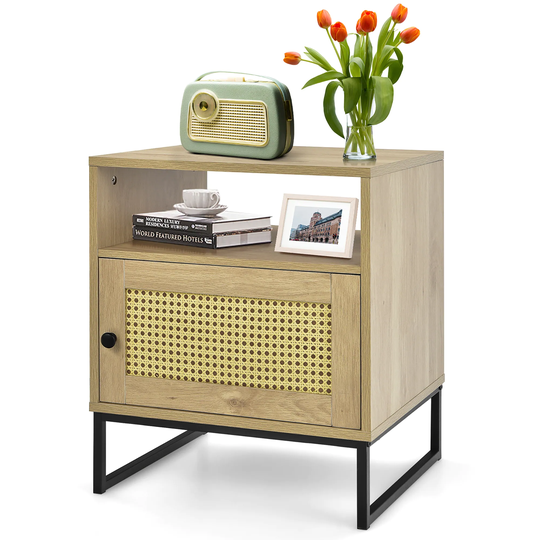 Rattan End Table Indoor Sofa Side Table Nightstand with Shelf Cabinet