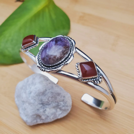 Socute925 Charoite Carnelian Cuff Bracelet | Sterling Silver Southwest Crystals Made in Usa